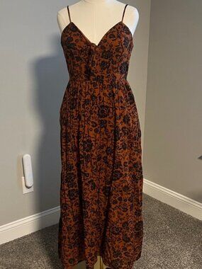 Blue Rain Orange and Navy Blue Floral Maxi Dress